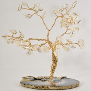 4" Wire Tree with Gold Wire and Crystal Oval Glass Beads on a slice of Blue colored agate